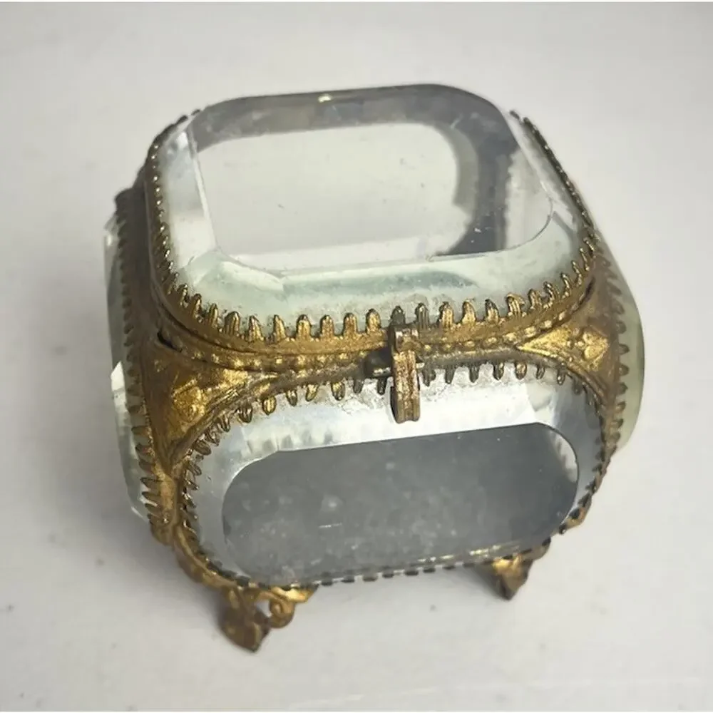 Vintage French Style Ormolu Gold Jewelry Box Casket Beveled Glass Footed Ornate